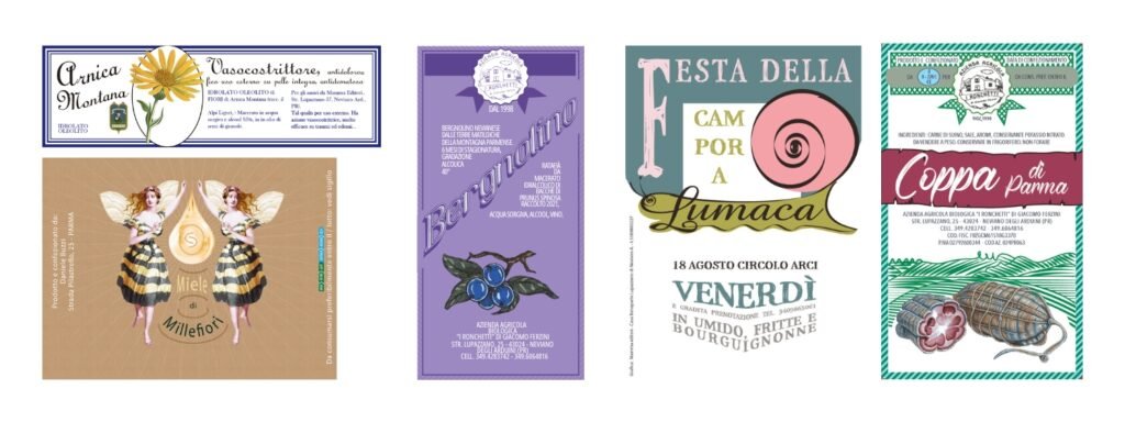 Far fare etichette di stile antico per prodotti erboristici, miele, liquori e gastronomia della tradizione, etichette per salumi.