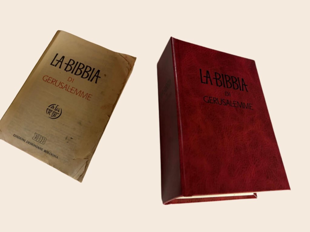 Esempio di libro rovinato e stesso volume dopo restauro e rilegatura artigianale