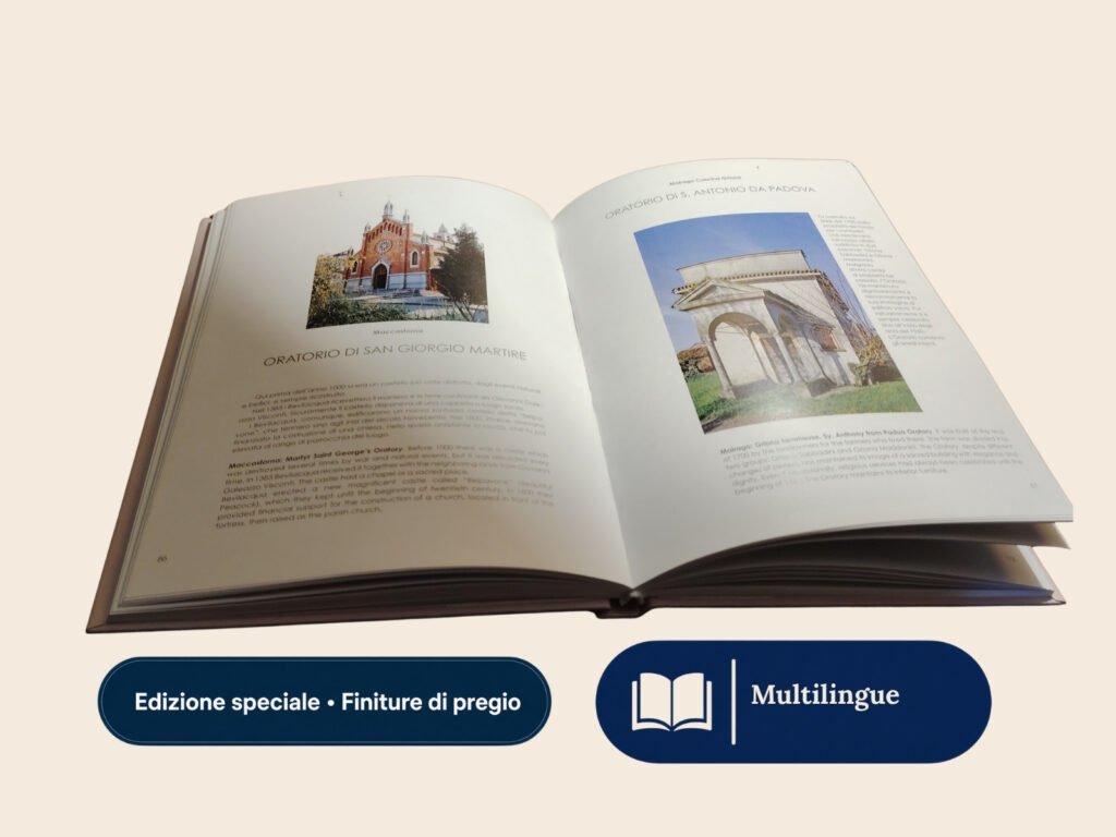 Pagine interne del libro Oratori con fotografie di cappelle e descrizioni in italiano e inglese